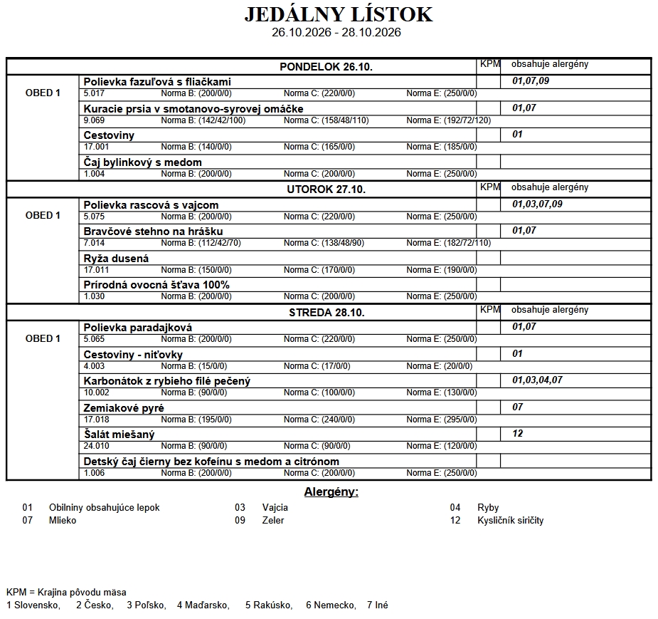 Jedálny lístok 26.-28.10.2026